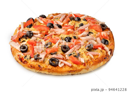 Frozen pizza on a white background. Semi-finished pizza isolated on white background. Top view. 94641228