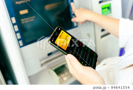 Mobile banking network. Smartphone with internet online bank application. Debit card wallet app. Save money business concept. Mobile banking network. Smartphone with internet online bank application. Debit card wallet app. Save money business concept. 94641354