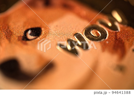 top view extreme macro closeup of doge golden meme coin with shiba dog and the word wow logo top view extreme macro closeup of doge golden meme coin with shiba dog and the word wow logo 94641388