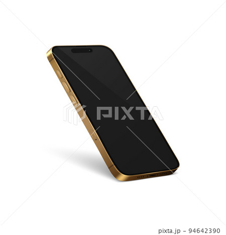 Vector 3d Realistic Yellow Golden Modern Smartphone Design Template with Black Screen. Mobile Phone Isolated. Telephone Device UI UX, Phone in Half Turn View Vector 3d Realistic Yellow Golden Modern Smartphone Design Template with Black Screen. Mobile Phone Isolated. Telephone Device UI UX, Phone in Half Turn View 94642390