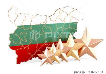 Bulgarian map with five stars. Rating, quality, service in Bulgaria. 3D rendering 94642561