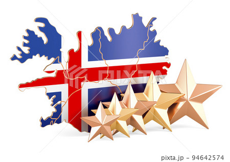 Icelandic map with five stars. Rating, quality, service in Iceland. 3D rendering Icelandic map with five stars. Rating, quality, service in Iceland. 3D rendering 94642574