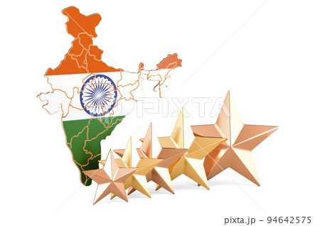 Indian map with five stars. Rating, quality, service in India. 3D rendering 94642575