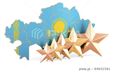 Kazakh map with five stars. Rating, quality, service in Kazakhstan. 3D rendering Kazakh map with five stars. Rating, quality, service in Kazakhstan. 3D rendering 94642581