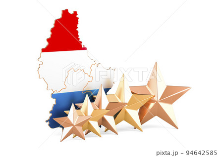 Luxembourgish map with five stars. Rating, quality, service in Luxembourg. 3D rendering Luxembourgish map with five stars. Rating, quality, service in Luxembourg. 3D rendering 94642585