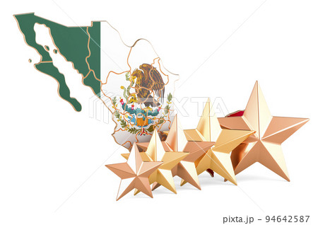 Mexican map with five stars. Rating, quality, service in Mexico. 3D rendering Mexican map with five stars. Rating, quality, service in Mexico. 3D rendering 94642587