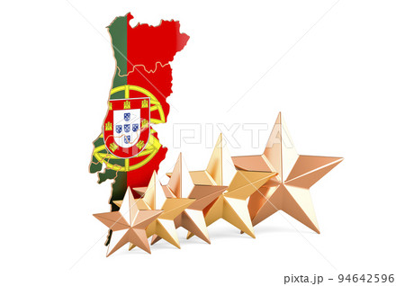 Portuguese map with five stars. Rating, quality, service in Portugal. 3D rendering Portuguese map with five stars. Rating, quality, service in Portugal. 3D rendering 94642596