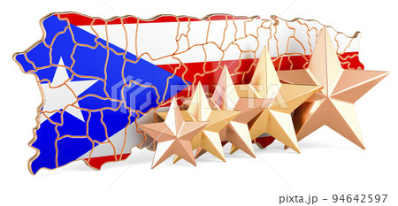 Puerto Rican map with five stars. Rating, quality, service in Puerto Rico. 3D rendering Puerto Rican map with five stars. Rating, quality, service in Puerto Rico. 3D rendering 94642597