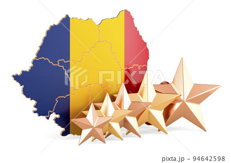 Romanian map with five stars. Rating, quality, service in Romania. 3D rendering Romanian map with five stars. Rating, quality, service in Romania. 3D rendering 94642598