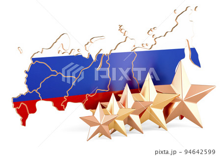 Russian map with five stars. Rating, quality, service in Russia. 3D rendering Russian map with five stars. Rating, quality, service in Russia. 3D rendering 94642599