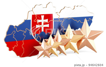 Slovak map with five stars. Rating, quality, service in Slovakia. 3D rendering Slovak map with five stars. Rating, quality, service in Slovakia. 3D rendering 94642604
