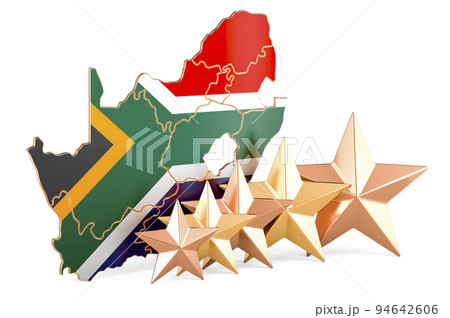 South African map with five stars. Rating, quality, service in South Africa. 3D rendering South African map with five stars. Rating, quality, service in South Africa. 3D rendering 94642606