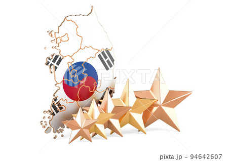 South Korean map with five stars. Rating, quality, service in South Korea. 3D rendering South Korean map with five stars. Rating, quality, service in South Korea. 3D rendering 94642607