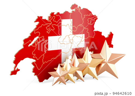 Swiss map with five stars. Rating, quality, service in Switzerland. 3D rendering Swiss map with five stars. Rating, quality, service in Switzerland. 3D rendering 94642610