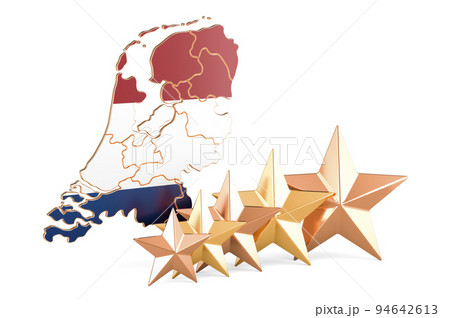The Netherlands map with five stars. Rating, quality, service in the Netherlands. 3D rendering The Netherlands map with five stars. Rating, quality, service in the Netherlands. 3D rendering 94642613