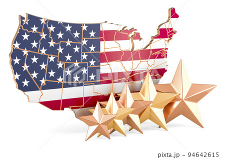 The United States map with five stars. Rating, quality, service in the USA. 3D rendering The United States map with five stars. Rating, quality, service in the USA. 3D rendering 94642615