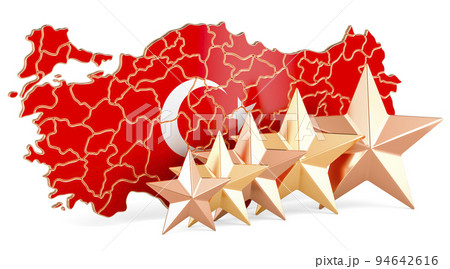Turkish map with five stars. Rating, quality, service in Turkey. 3D rendering Turkish map with five stars. Rating, quality, service in Turkey. 3D rendering 94642616