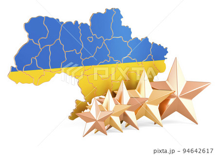 Ukrainian map with five stars. Rating, quality, service in Ukraine. 3D rendering Ukrainian map with five stars. Rating, quality, service in Ukraine. 3D rendering 94642617