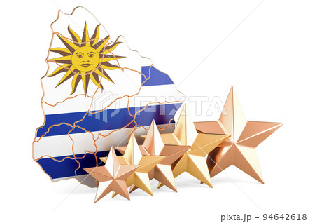 Uruguayan map with five stars. Rating, quality, service in Uruguay. 3D rendering Uruguayan map with five stars. Rating, quality, service in Uruguay. 3D rendering 94642618