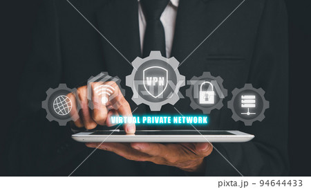 VPN Virtual Private network protocol concept, Man hand using digital tablet with vpn icon on VR screen. 94644433