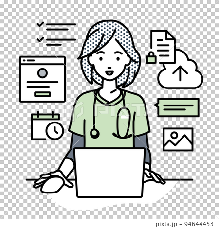 一位護士女士坐在辦公桌前,在電腦上工作以管理項目和任務 一位護士女士坐在辦公桌前,在電腦上工作以管理項目和任務 94644453