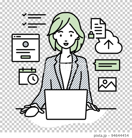 A woman in a suit sitting at a desk and doing a project or task management job on a PC A woman in a suit sitting at a desk and doing a project or task management job on a PC 94644454