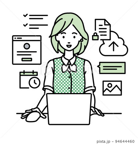デスクで座ってPCでプロジェクトやタスクの管理の仕事をしている事務員制服の女性 デスクで座ってPCでプロジェクトやタスクの管理の仕事をしている事務員制服の女性 94644460