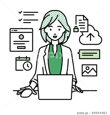 デスクで座ってPCでプロジェクトやタスクの管理の仕事をしているジャケットの女性 94644461