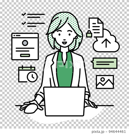 デスクで座ってPCでプロジェクトやタスクの管理の仕事をしているジャケットの女性 94644461