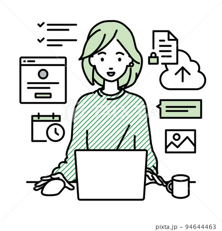 デスクで座ってPCでプロジェクトやタスクの管理の仕事をしているリモートワークの女性 94644463