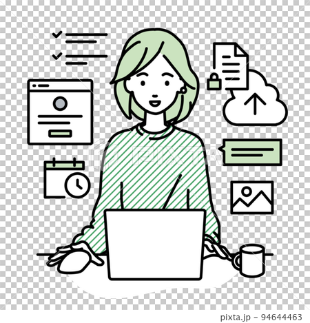 デスクで座ってPCでプロジェクトやタスクの管理の仕事をしているリモートワークの女性 94644463