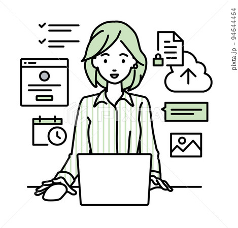 デスクで座ってPCでプロジェクトやタスクの管理の仕事をしているブラウスの女性 94644464