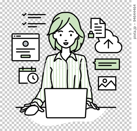 デスクで座ってPCでプロジェクトやタスクの管理の仕事をしているブラウスの女性 94644464