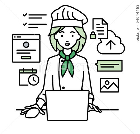 デスクで座ってPCでプロジェクトやタスクの管理の仕事をしている調理師の女性 94644465
