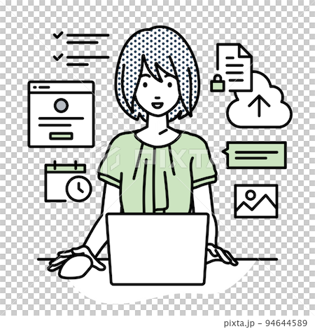 デスクで座ってPCでプロジェクトやタスクの管理の仕事をしているオフィスカジュアルの女性 94644589