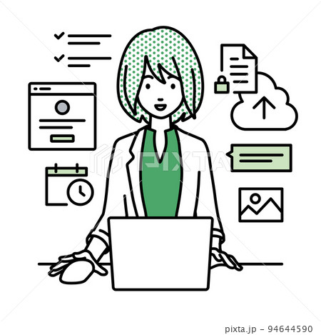 デスクで座ってPCでプロジェクトやタスクの管理の仕事をしているジャケットの女性 94644590