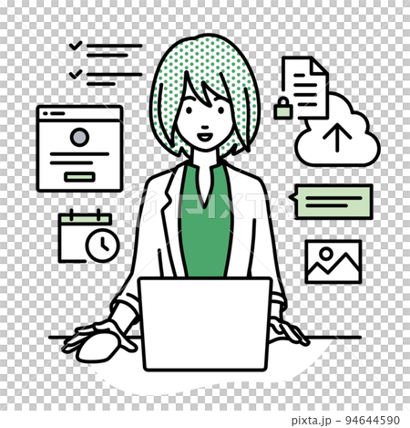 デスクで座ってPCでプロジェクトやタスクの管理の仕事をしているジャケットの女性 94644590