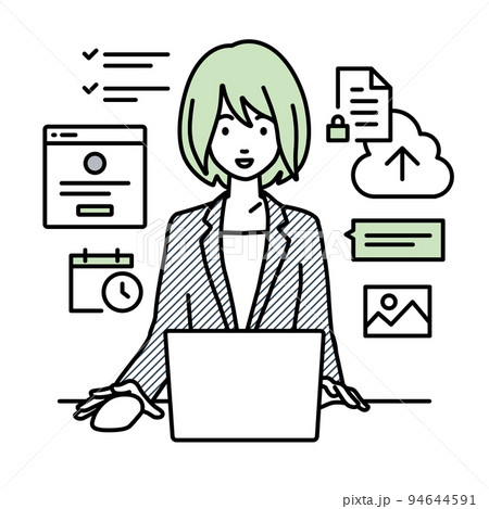 デスクで座ってPCでプロジェクトやタスクの管理の仕事をしているスーツの女性 94644591