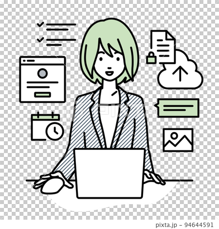 デスクで座ってPCでプロジェクトやタスクの管理の仕事をしているスーツの女性 94644591