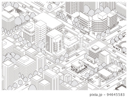 街並みの立体図. 都市の景観. 線画のイラスト. 街並みの立体図. 都市の景観. 線画のイラスト. 94645583