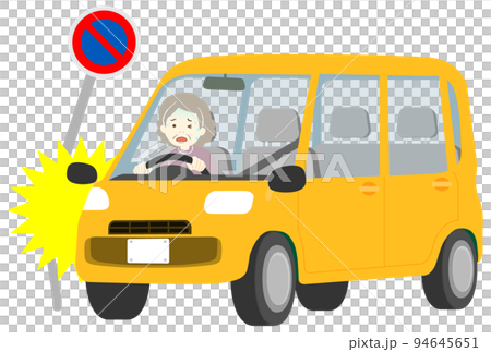 An old woman driving a car collides with a sign 94645651
