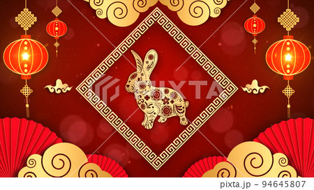 3d rendering Chinese New Year Celebration Background, Chinese Zodiac Rabbit 2023, Golden and Red with Particle for Chinese Decorative Classic Festive Background for a Holiday. 94645807