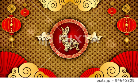 3d rendering Chinese New Year Celebration Background, Chinese Zodiac Rabbit 2023, Golden and Red with Particle for Chinese Decorative Classic Festive Background for a Holiday. 3d rendering Chinese New Year Celebration Background, Chinese Zodiac Rabbit 2023, Golden and Red with Particle for Chinese Decorative Classic Festive Background for a Holiday. 94645809