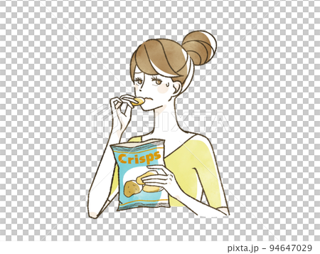 困った表情でポテトチップスを食べている女性 困った表情でポテトチップスを食べている女性 94647029