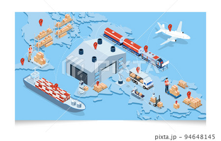 3D isometric Global logistics network concept with Transportation operation service, Export, Import, Cargo, Air, Road, Maritime delivery. Vector illustration EPS 10 3D isometric Global logistics network concept with Transportation operation service, Export, Import, Cargo, Air, Road, Maritime delivery. Vector illustration EPS 10 94648145