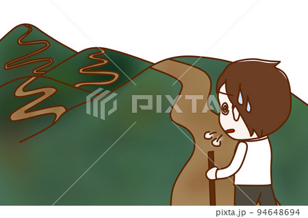 （全身斜め後ろ）千里の道も一歩からで、疲れながら一生懸命歩く男性 94648694