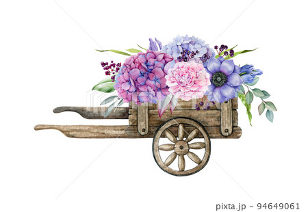 Garden flowers in wooden vintage wheel cart decoration. Watercolor illustration. Hand drawn rustic style floral decor. Hydrangea, anemone, peony, eucalyptus leaves tender decor. White background 94649061