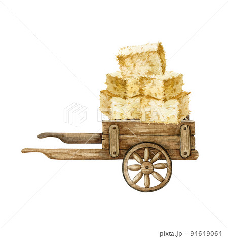 Wooden wheel cart with hay bricks. Watercolor illustration. Hand drawn farm and ranch vintage barrow with harvested dry grass. Vintage wooden barrow with straw bricks element 94649064