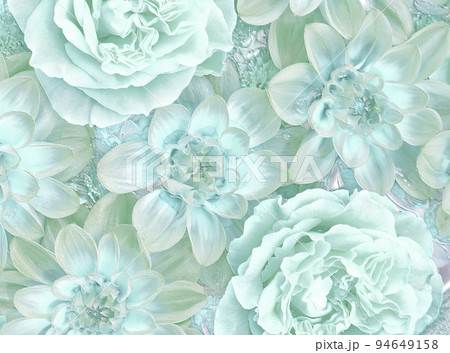 ペパーミントグリーンのバラとダリアのレリーフ 94649158