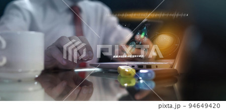 Workplace of a man working with geolocation infographic data 94649420